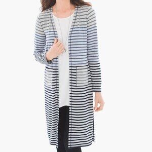 Chico's Zynergy Gray Blue Striped Radley Duster Long Cardigan Sz 1